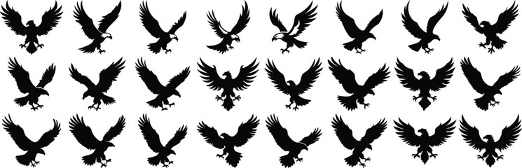 Vector silhouettes of majestic eagles in flight depicting strength freedom and power across a white background