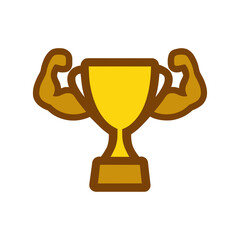 Strong trophy icon with muscular arms in bold cartoon vector style on white background