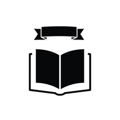 Black silhouette of an open book with a ribbon banner