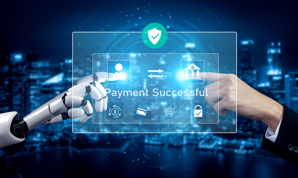 AI confirms secure payment transaction, verifying user identity, processing order, and authorizing completed digital payment within trusted financial systems. Vouch