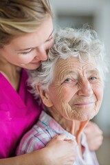 Young nurse embracing elderly woman with love and care