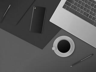 Minimalist workspace top view in grayscale