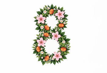 Floral number eight made of pink flowers and green leaves  