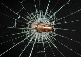 Bullet Through Shattered Glass: Dramatic Close-Up of a Copper Bullet Piercing a Glass Surface, Creating a Radial Crack Pattern, Symbolizing Impact, Destruction, and Force.