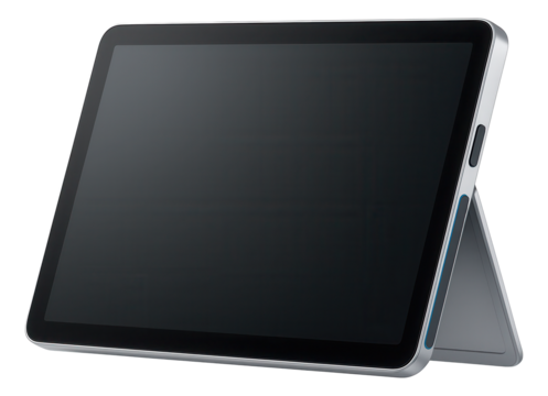 Compact tablet with rear kickstand and fingerprint sensor embedded in the power button