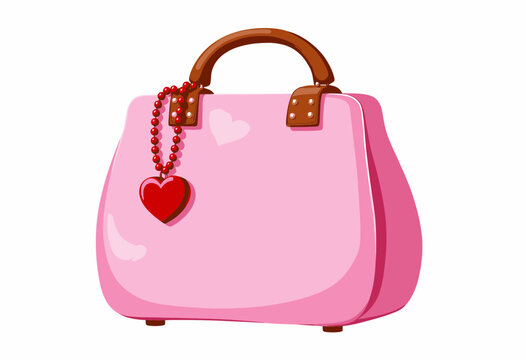 Pink handbag with heart charm and brown handles on white background  
