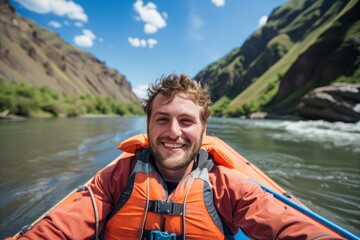 Fototapeta premium Rafting guide wearing orange life jacket smiling and navigating river in packraft