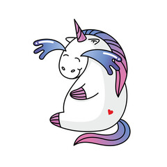 A cheerful unicorn with a white body and colorful mane is smiling and embracing itself. Its soft pastel shades make it ideal for kids’ art and merchandise, adding whimsy and joy