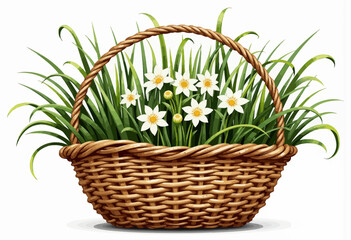 Obraz premium Basket filled with white flowers and green grass 