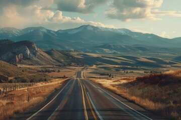 Empty asphalt road winding through vast plains towards snow capped mountains under a dramatic cloudy sky