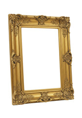 Ornate vintage-style rectangular gold picture frame with intricate floral and leaf carvings, framing empty white space, on a transparent background with soft shadow and ample copy space, Concept