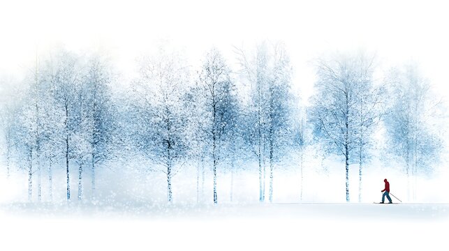 Cross-country skier gliding through snow-covered forest serene winter landscape outdoor adventure peaceful environment scenic view