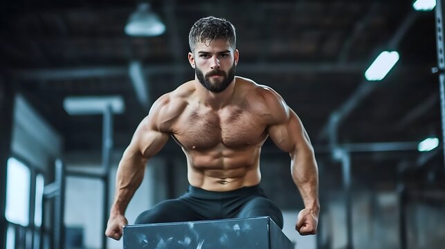 Dynamic athlete box jumps in gym environment showcasing strength and agility in motion from a dynamic viewpoint