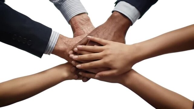 Hands of a business team joined together in the center, symbolizing partnership and teamwork