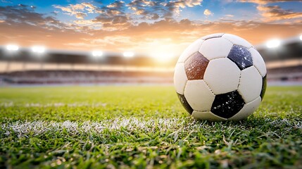 Exciting football match at sunset transitioning to night stadium action shot outdoor low angle dynamic atmosphere