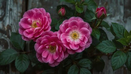 Vibrant Pink Roses Bloom Against Rustic Wooden Background