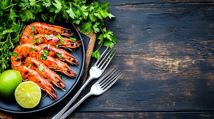 Delectable grilled river prawns feast dining table culinary delight rustic home overhead view seafood extravaganza