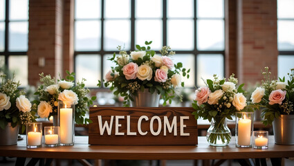 wooden sign, welcome sign, flower
arrangements, wedding decor, rustic
table,candles, window backdrop, elegant event
space