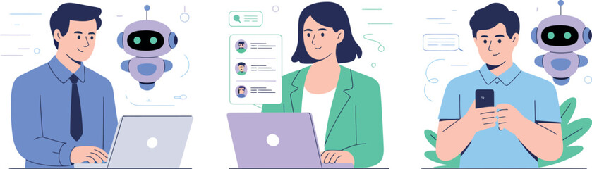 Three people using laptops and a phone with robots assisting in a white background scene


