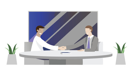 Two business people shaking hands at a round table in an office setting with plants and a window