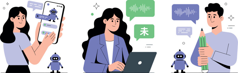 Illustration of three people interacting with technology and ai bots on a white background


