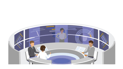 Illustration of a futuristic control room with people working at consoles and a supervisor standing