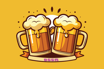 Two Mugs of Beer Toasting Cheers Cartoon Illustration