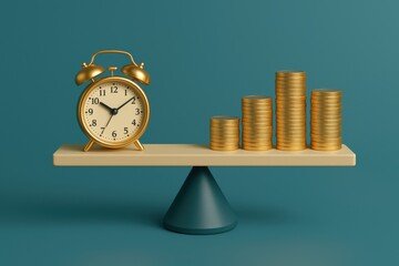 Balancing Time and Wealth: A golden alarm clock juxtaposed with stacks of coins on a balanced scale, set against a minimalist backdrop