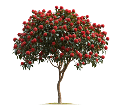 A red tree with red flowers is the main focus of the image