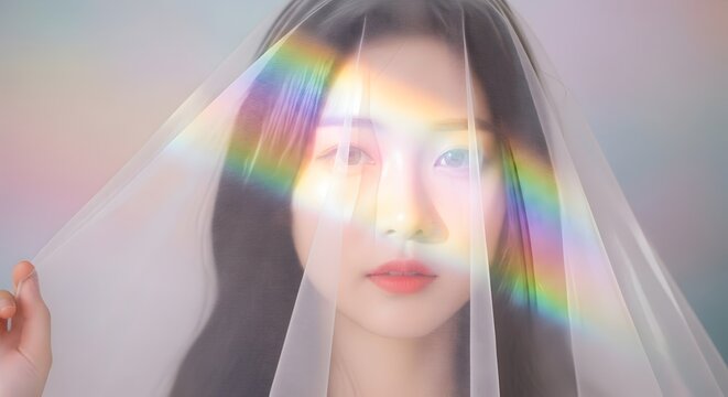 Young woman with dark hair peeking through sheer veil with rainbow light effects - Powered by Adobe