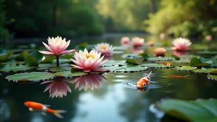 Peaceful Koi Pond with Blooming Water Lilies