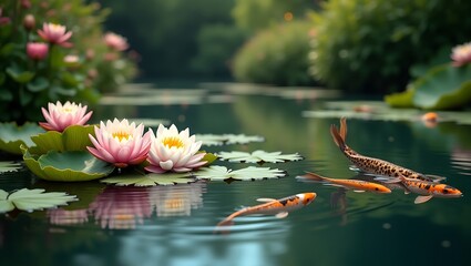 Peaceful Koi Pond with Blooming Water Lilies