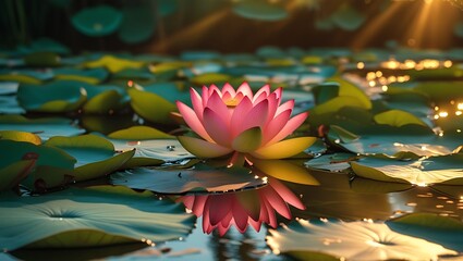 Serene Pink Lotus Flower in a Sunrise Pond