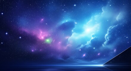 Vast Cosmic Nebula Exploding with Brilliant Hues of Blue Purple and Pink Light Reflected on a Calm Water Surface