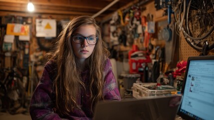 Young woman with glasses intently focused on a laptop in a cluttered workshop