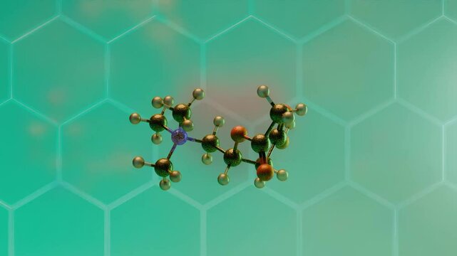 2-(Acetyloxy)-3-carboxypropyl trimethylazanium molecule 3D rotating animation chemical structure hexagonal background.