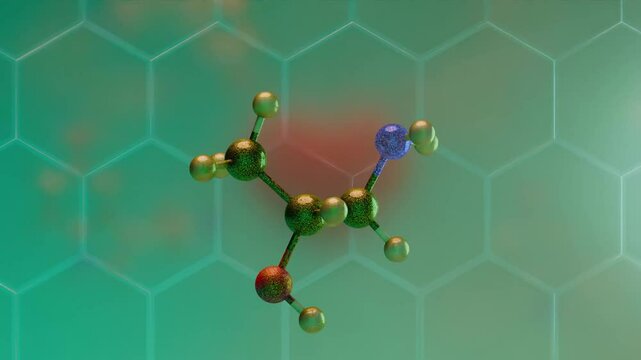 3D animation of an aminopropane molecule rotating on a black background showing detailed atomic structure with carbon, hydrogen, and nitrogen atoms. Scientific representation of aminopropane chemical 