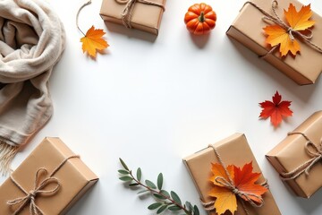Autumn-themed flat lay with wrapped gifts, decorative leaves, a small pumpkin, and a cozy scarf on a light background.