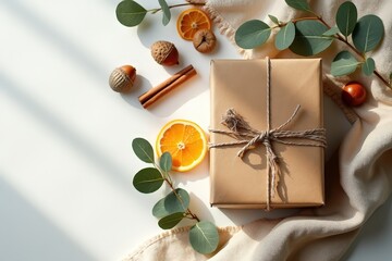 A beautifully wrapped gift surrounded by natural elements like citrus slices, leaves, and twigs, creating a warm, inviting atmosphere.