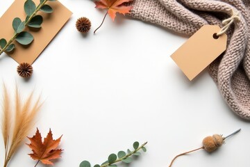 Cozy autumnal flat lay with foliage, knitted fabric, and blank tags, perfect for seasonal branding or DIY projects.