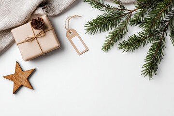 A cozy arrangement of a gift box, pine branches, and a wooden star, ideal for holiday decorations and festive celebrations.