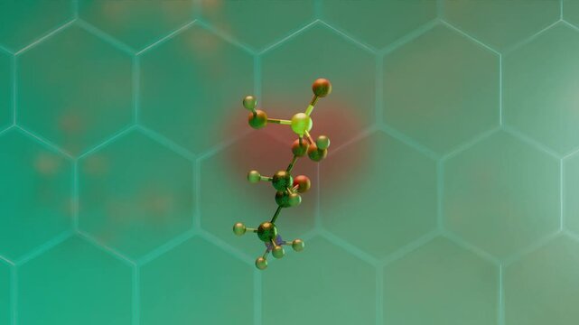 3D animation of an oxopropyl phosphate molecule rotating on a soft hexagonal patterned background with turquoise and green tones. 