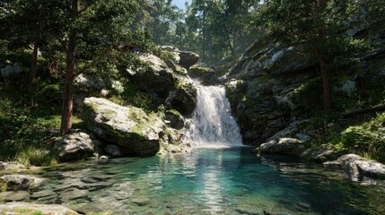 A serene waterfall cascading into a clear pool, surrounded by lush trees and rocky terrain, creating a tranquil natural scene.