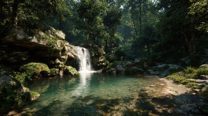 Serene waterfall cascading into a tranquil pool, surrounded by lush greenery and rocky terrain, creating a peaceful natural setting.