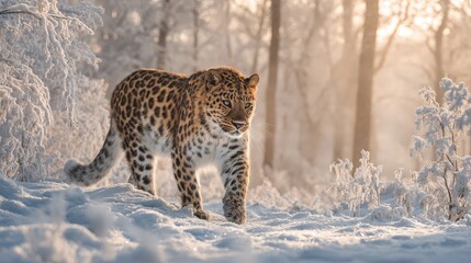 A leopard walks through a snowy landscape, surrounded by soft light filtering through trees, creating a serene and captivating scene.