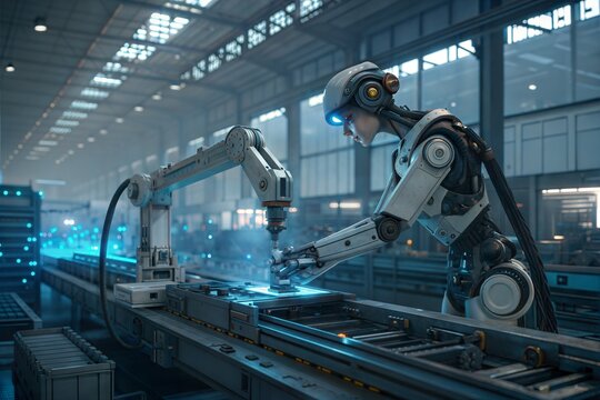 Advanced robot arm collaborates with humanoid robot in futuristic factory setting