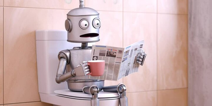 AI robot reading the newspaper while sitting on a toilet and pooping out garbled rewrites - AI slop and pink slim journalism concept