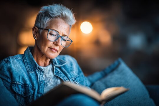 A serene image of a mature woman with stylish glasses engrossed in reading a book, bathed in soft, ambient lighting at home, enjoying a moment of quiet contemplation.