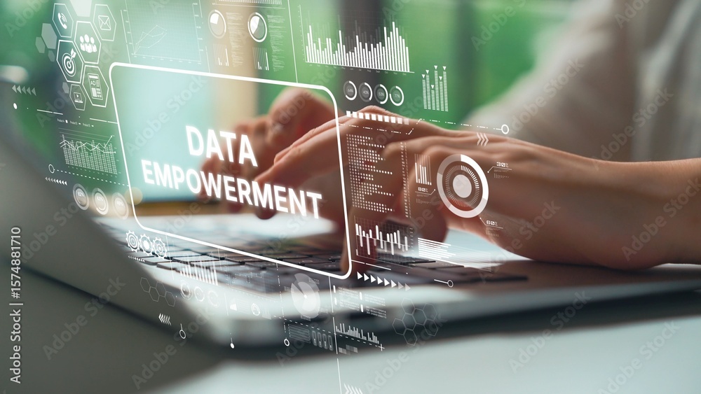 Poster hands typing on laptop with data empowerment concept and visual graphics overlay in modern office en