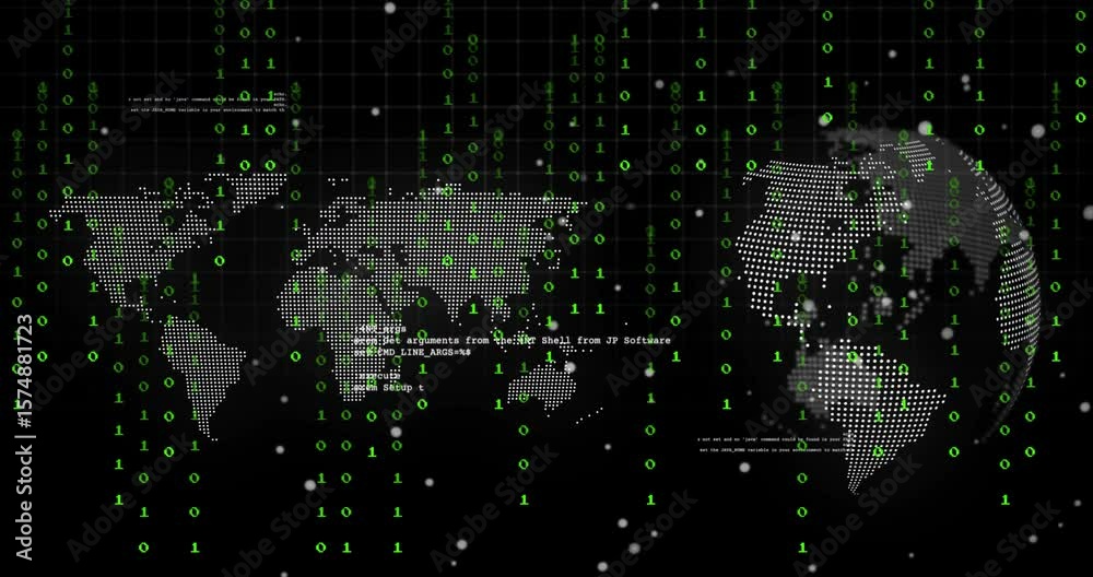 Aufkleber starting map and rotating globe, streaming binary scrolling text and drifting dots for data display